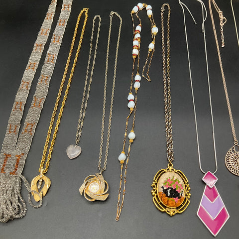 Costume Jewelry Lot 9 Necklaces Petit Point Pendant & Watch Pendant