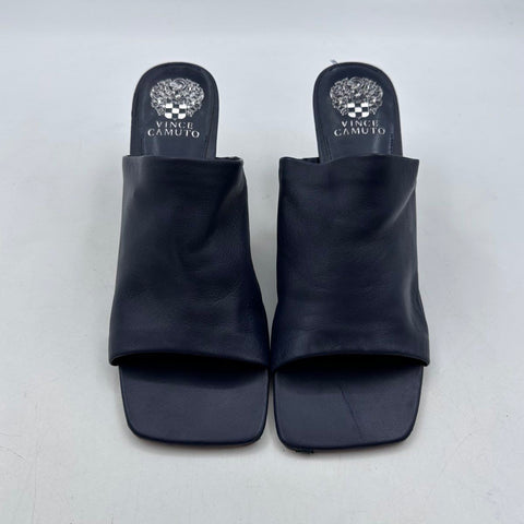 Vince Camuto Amikala Navy Leather Square Toe Kitten Heel Mules Size 9.5