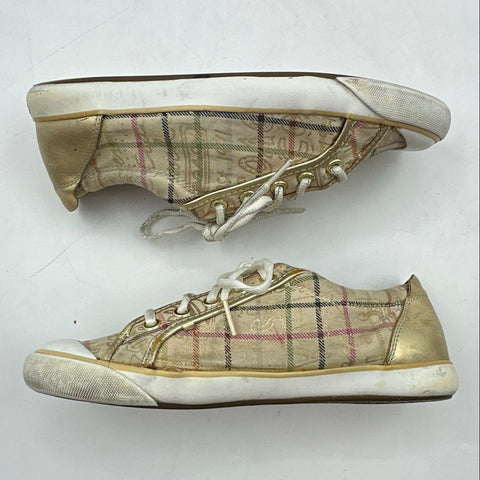 Coach Barrett Khaki Gold Plaid Signature Logo Low Top Sneakers Size 8.5