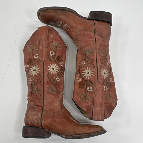 Brown Leather Floral Embroidered Square Toe Cowboy Boots Youth / Women's Size