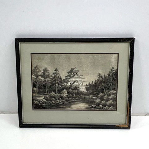 Vintage Mid-Century Japanese Castle Silk Thread Embroidered Framed Art Picture