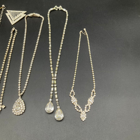 Vintage Mid-Century Rhinestone Costume Jewelry Lot 9pc Necklaces Bracelet Clips