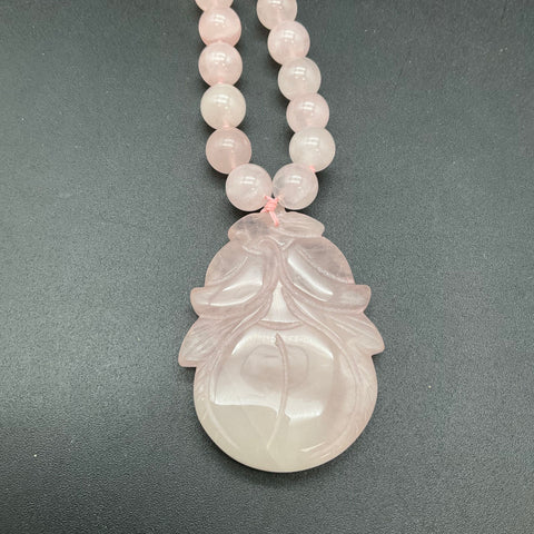 Rose Quartz Beaded Necklace with Carved Peach Fruit Pendant Pink Gemstone 15.5"
