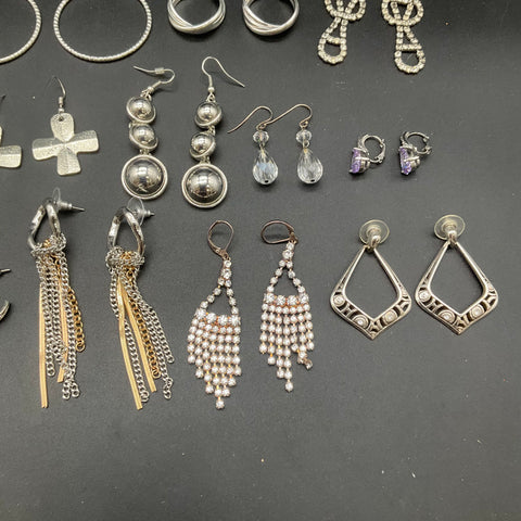 Silver Tone Rhinestone Hoop Dangle Jewelry Lot of 21 Pairs Earrings