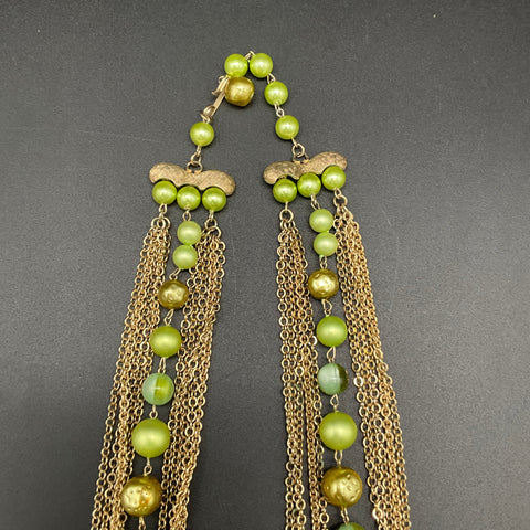 Vintage Gold Tone Multi Strand Green Bead Tassel Necklace Mid Century Style
