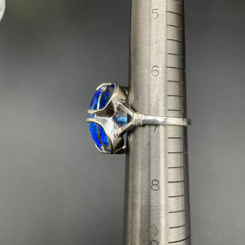 10K HGE Silver Tone Blue Glass Statement Cocktail Ring Size 7