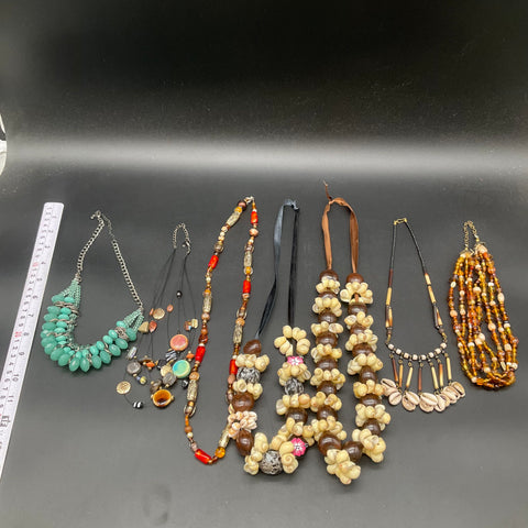 Boho Tropical Shell Beaded Necklace Jewelry Lot 7pcs Kukui Nut Bib Multi-Strand