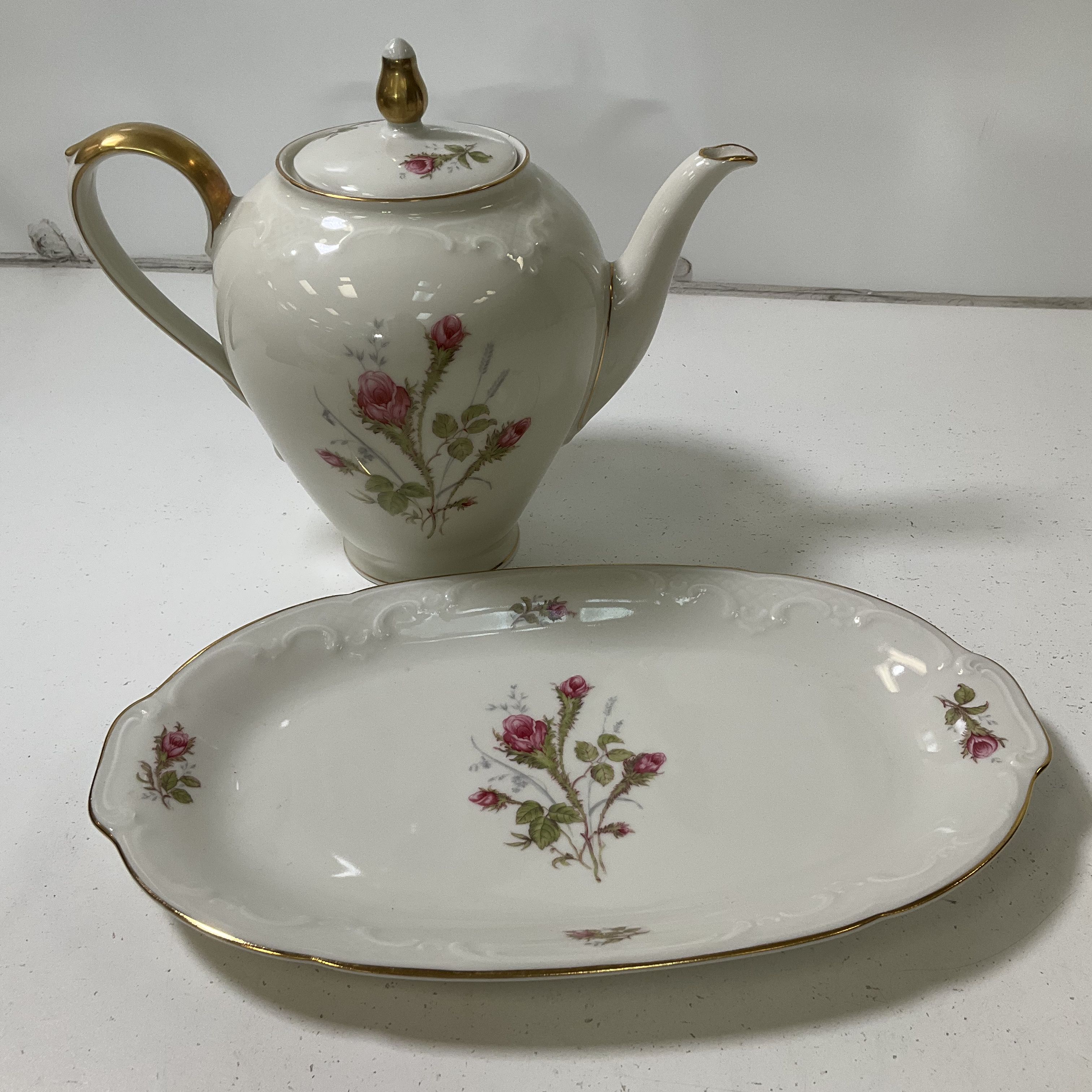 Vintage Winterling Bavaria Pink Rose Teapot & Serving Tray Set Gold Gilt Germany