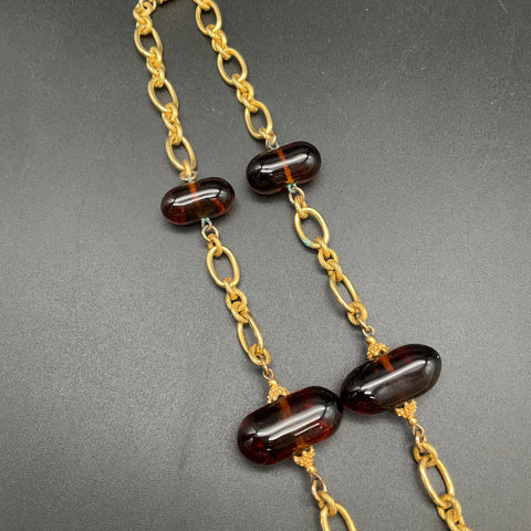 Vintage Mid-Century Gold Tone Faux Tortoiseshell Glass Teardrop Pendant Necklace