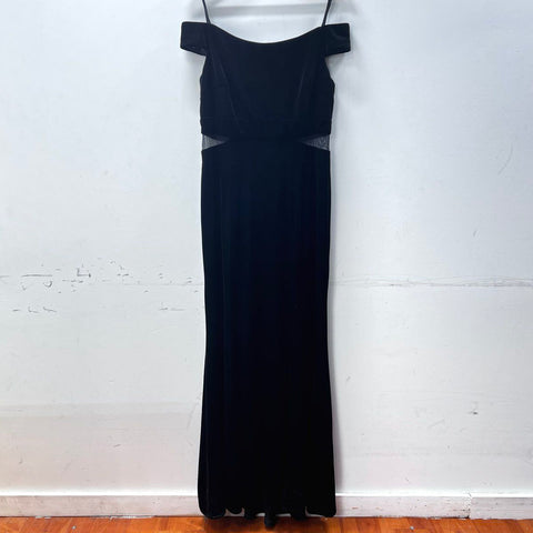 Xscape Women's Black Velvet Off-the-Shoulder Mesh Cutout Maxi Gown Sz 14 NWT