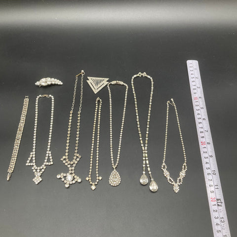Vintage Mid-Century Rhinestone Costume Jewelry Lot 9pc Necklaces Bracelet Clips