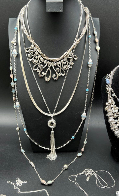 Vintage & Modern Silver Tone Jewelry Lot 10 Necklaces Bib Tassel Napier Boho