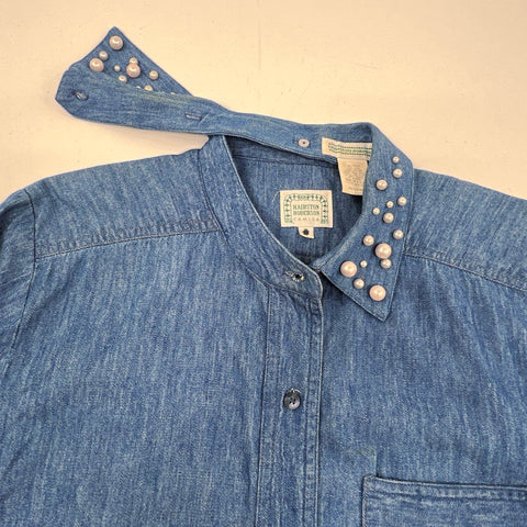 Vintage 90s Hairston Roberson Women's Blue Denim Pearl Collar Shirt Jacket M/L