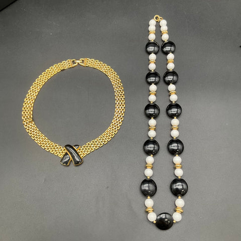 Vintage Trifari Dynasty Gold Tone Black White Jewelry Lot 5pc Necklace Earrings