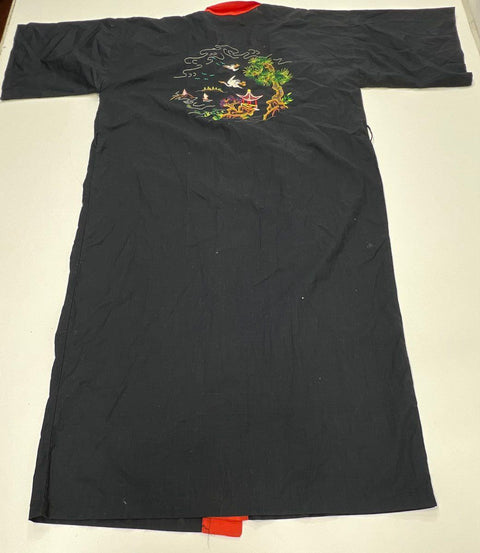 Vintage 80s Plum Blossoms Embroidered Kimono Robe Black Pagoda Sz XL