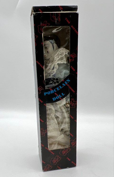 Porcelain Harlequin Pierrot Doll Blue Silver Satin 17 Inch Vintage With Box