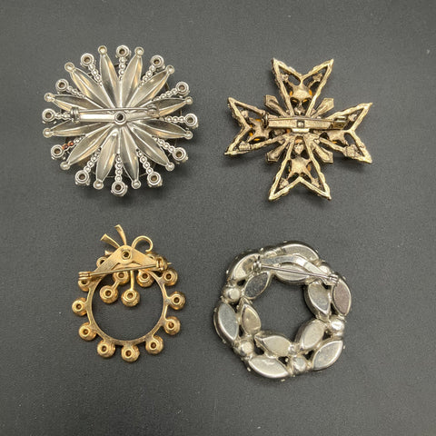 Vintage Rhinestone Costume Jewelry Brooch Lot of 4 Maltese Cross AB Wreath