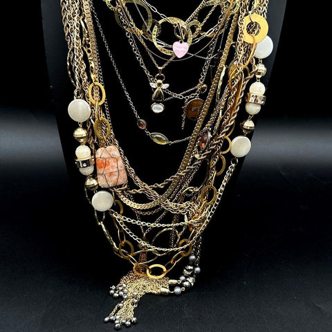 Vintage to Modern Costume Jewelry Necklace Lot Gold Tone Pendants Beaded 15+ Pc