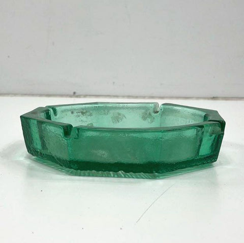 Pressed Glass Green Octagonal Ashtray Textured Linear Pattern Vintage 7.5 Inch