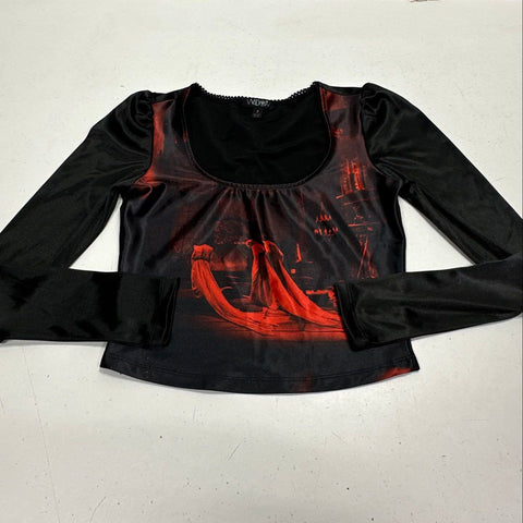 Widow Women's Gothic Graphic Puff Sleeve Scoop Neck Long Sleeve Shirt Black Sz S