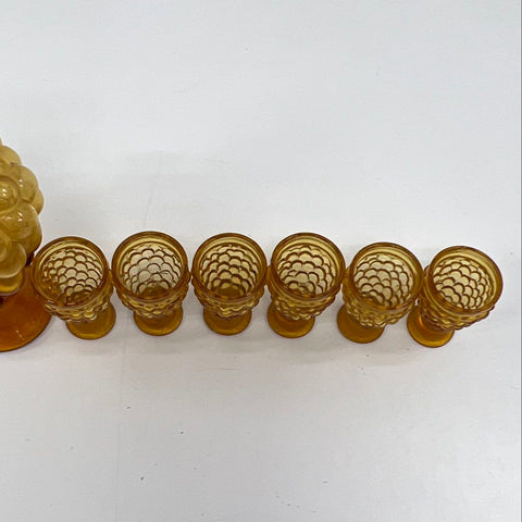 Pressed Glass Grape Harvest 7 Piece Decanter Set Amber 6 Footed Glasses Vintage