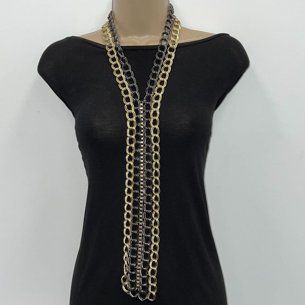 Heavy Mutli-Chain Two Tone Y Drop Necklace
