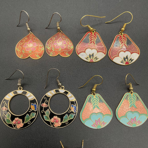 Vintage Cloisonne Enamel Earring Lot 5 Pairs Floral Panda Heart Drop Stud