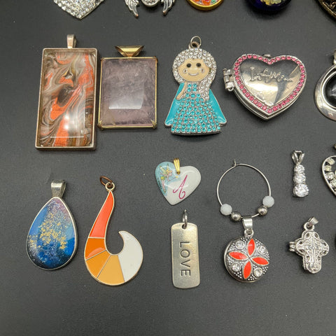 Vintage and Modern Costume Jewelry Pendant Lot of 35 Hearts Crosses Stones