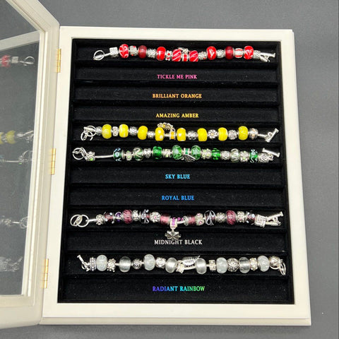 Willabee & Ward Charm Bracelet 5pc Set with Display Case Collectible Glass