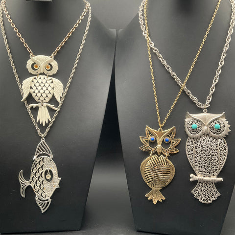 Vintage Lot of 4 Articulated Owl Fish Pendant Necklaces 60s 70s Costume