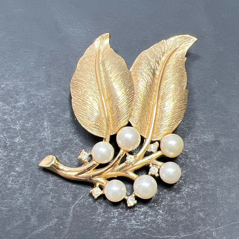 Vintage Crown Trifari Leaf Spray Brooch & Clip Earrings Set Faux Pearl Gold Tone