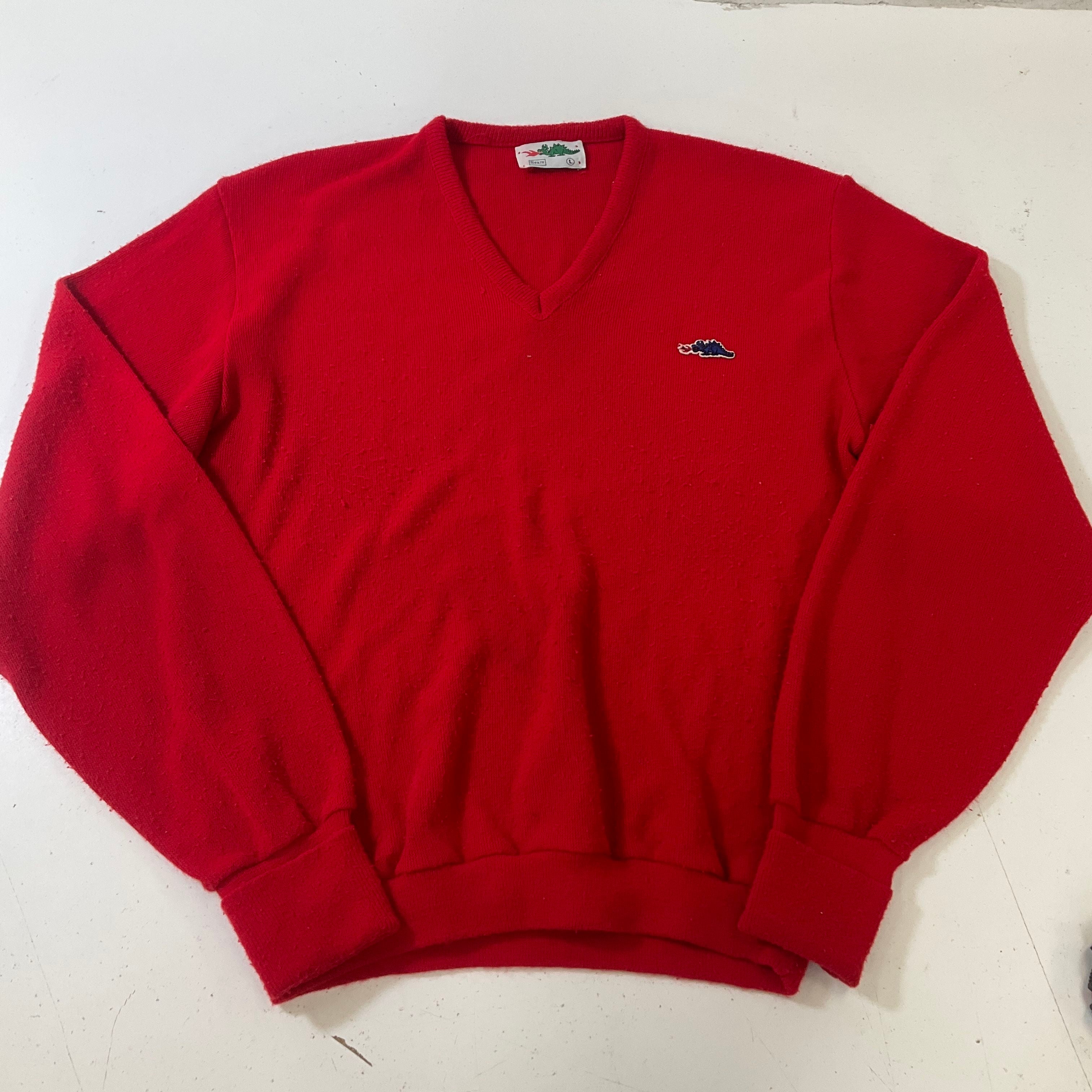 Sears Men's Vintage Red V-Neck Acrylic Sweater Dragon Label & Patch Size Large