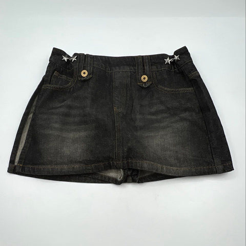 IFIK Women's Black Denim Skort Star Studs Faded Side Zip Y2K Style Size 13