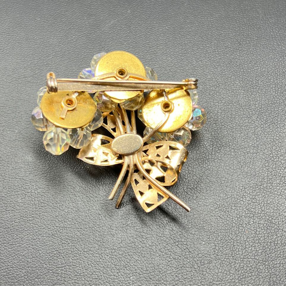 Vintage Aurora Borealis Crystal Bead Bouquet & Bow Gold Tone Brooch