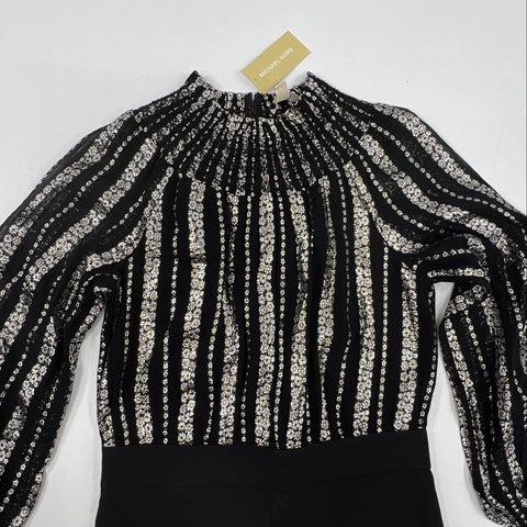 Michael Kors Women's Metallic-Stripe Smocked Jumpsuit Black Silver NWT Sz 10