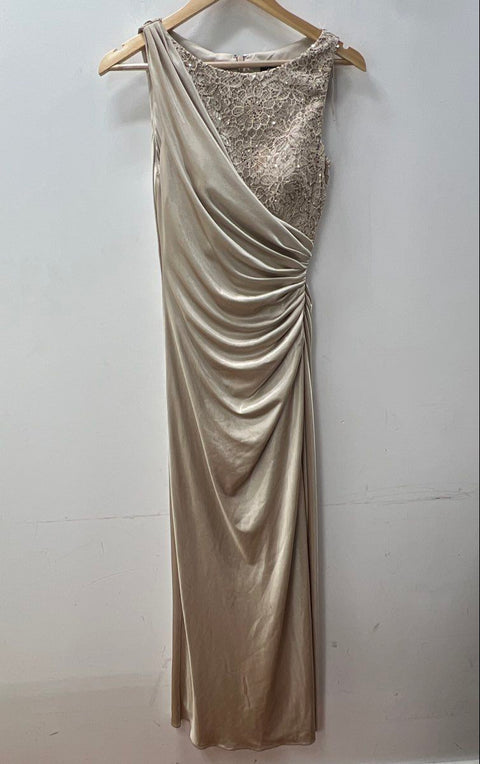 Adrianna Papell Women's Champagne Lace Sequin Draped Ruched Gown Dress Size 4