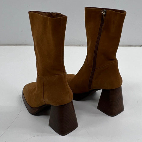 Angel Alarcon Brown Suede Square Toe Platform Block Heel Boots Size 39