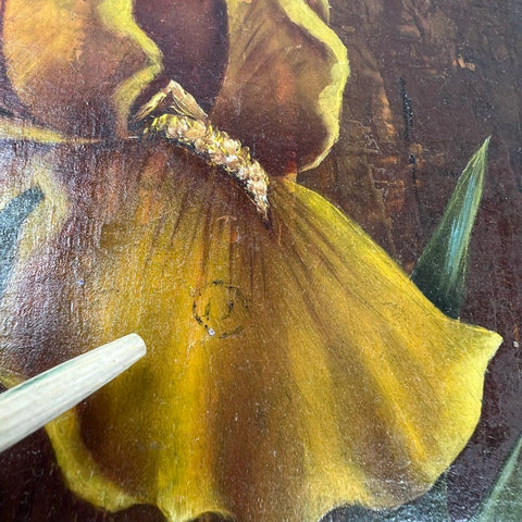 R. Scranton Oil on Wood Panel Painting Yellow Iris Floral Signed 12x10.5 Art