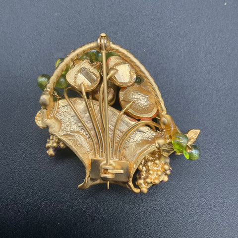 Vintage Mid-Century Gold Tone Enamel Fruit Basket Brooch Figural Jewelry 2.5"