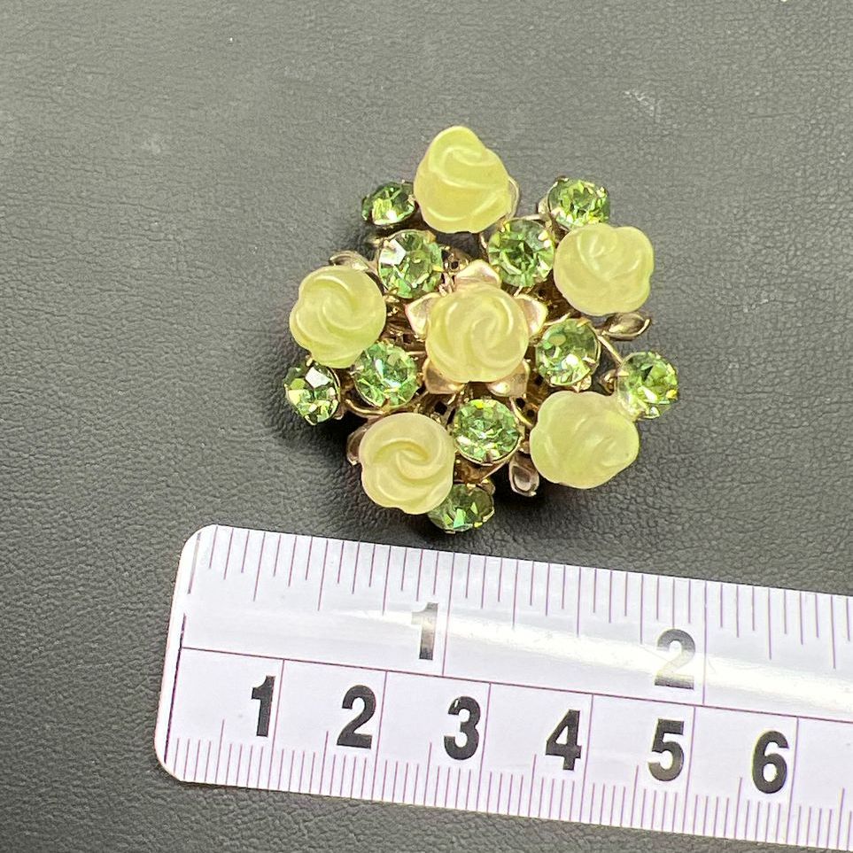 Vintage Style Green Frosty Rose & Rhinestone Gold Tone Spring Brooch