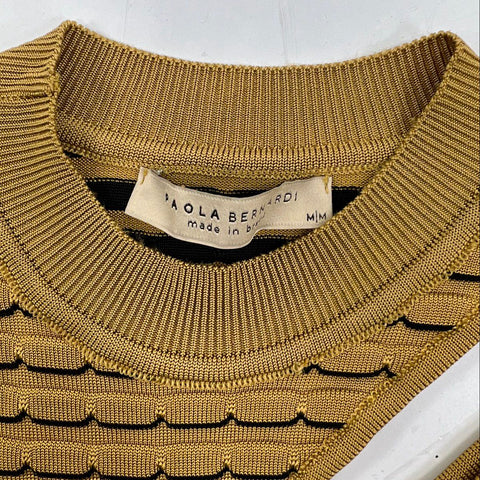 Paola Bernardi Women's Mustard Yellow Striped Ribbed Cutout Knit Top Size M