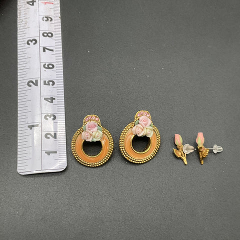 Vintage 1928 Jewelry Set Necklace 2 Pairs Earrings Victorian Revival Rose 17"