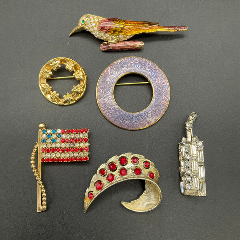 Vintage Costume Brooch Lot of 6 Rhinestone Enamel Bird Isle of Skye Flag