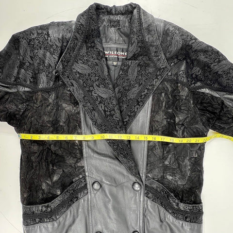 Vintage 90s Wilsons Leather Paisley Textured Double Breasted Long Jacket Sz S