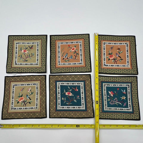 Vintage Chinese Silk Embroidered Floral Bird Napkin Lot 6pc 7x7 Square Art