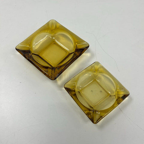 Vintage Amber Glass Square Ashtray Set 2 Piece Mid-Century Modern Barware