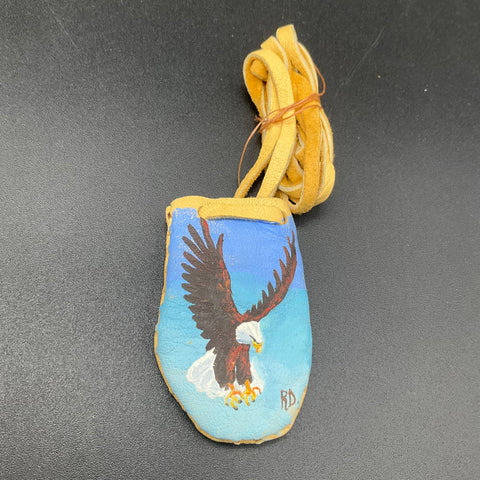 Signed RD Hand Painted Bald Eagle Leather Medicine Pouch Folk Art 2.5" x 2"