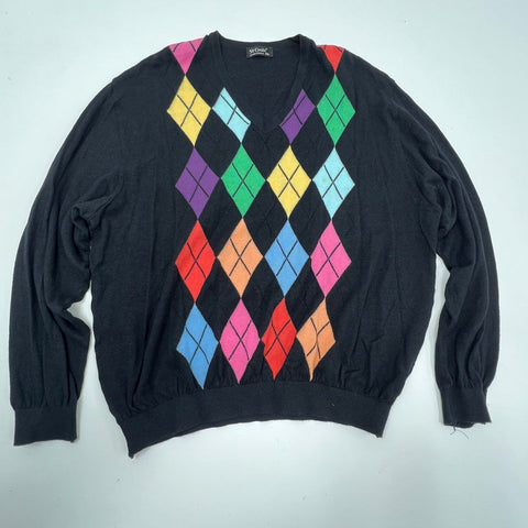 Vintage 90s St Croix Men's V-Neck Sweater Black Argyle Silk Cotton XXL