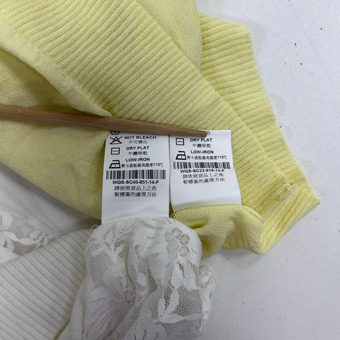 Wanko Women's Cardigan Sweaters Yellow White Lace Back Flower Buttons NWT Sz F