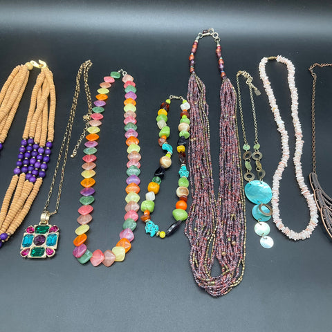 Statement Necklace Jewelry Lot 9pc Beaded Shell Enamel Wood Boho Vintage Style